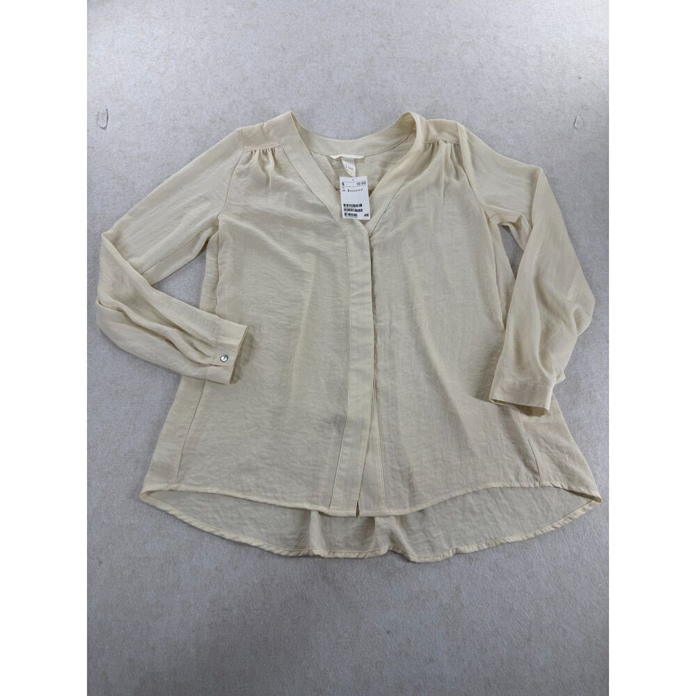 H&M Womens Blouse Size 2 Ivory Cream Long Sleeve V Neck High Low NWT